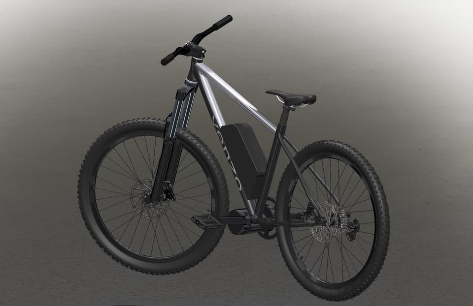 Fig. 2 · The SolidWorks assembly: the bottom-bracket motor mount and the down-tube pack resolved against the frame tubes before any hardware was committed.
