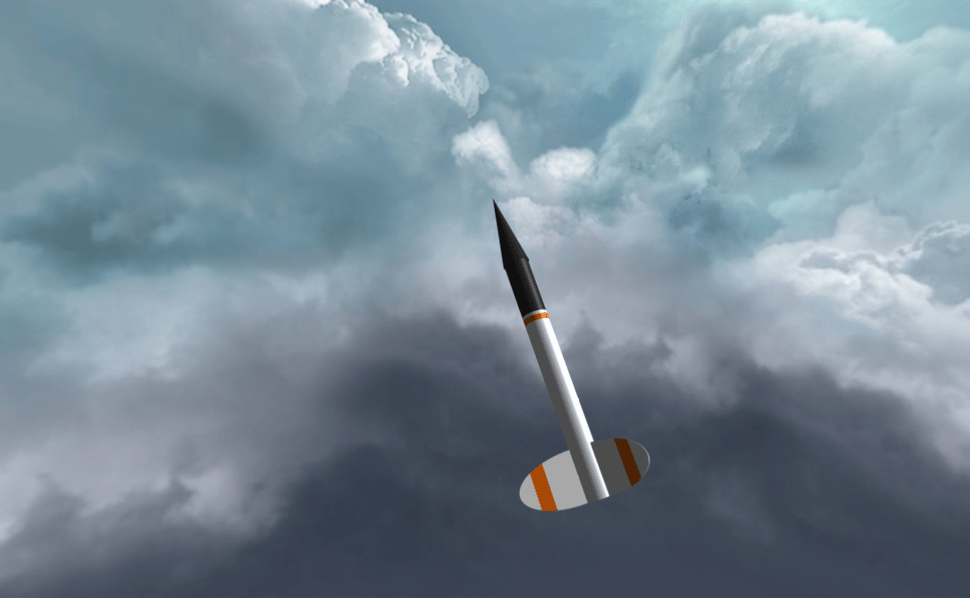 Fig. 9 · The elliptical rocket climbing out, rendered from the OpenRocket flight model.
