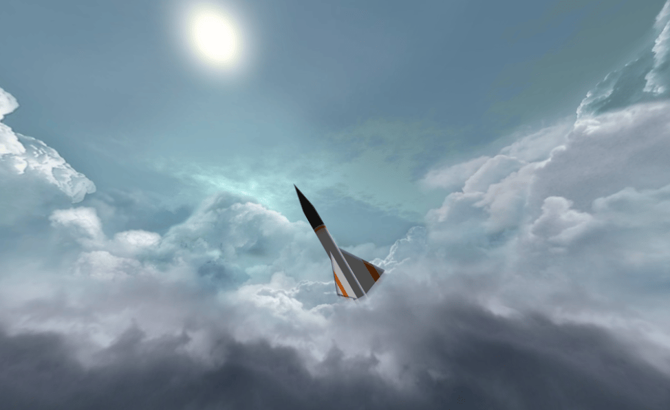 Fig. 10 · The freeform-fin rocket climbing out, also rendered from the OpenRocket flight model.